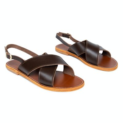 Women's Leather Flat Sandals With Ankle Strap, Chocolate Color, Kallos