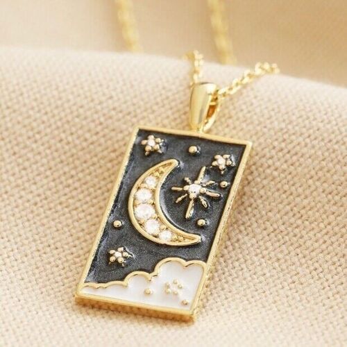 Crystal Enamel Moon Tarot Card Necklace in Gold