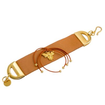 Bracelet manchette en cuir avec pendentif abeille doré