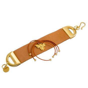 Bracelet manchette en cuir avec pendentif abeille doré 1