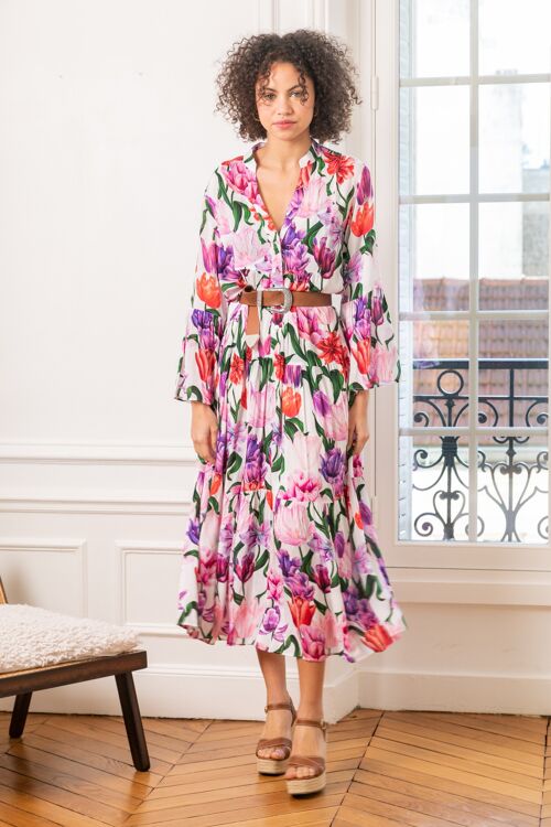 Robe longue à imprimé bohème boutonnée devant et col V avec manches évases