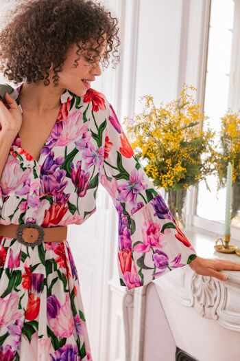 Robe longue à imprimé bohème boutonnée devant et col V avec manches évases 2