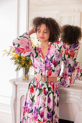 Robe longue à imprimé bohème boutonnée devant et col V avec manches évases 5