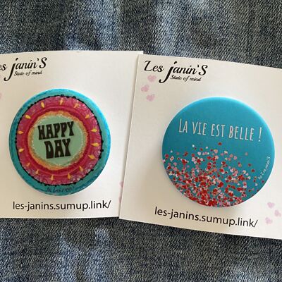 2 45mm Pep's and colorful Happy Day pin badges / Life is beautiful