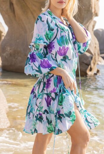 Robe florale mi-longue imprimée , manches bouffantes avec élastique à la taille 2