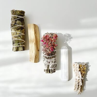 Purification kit - Sage, Palo Santo, Selenite, Eucalyptus, Incense strings