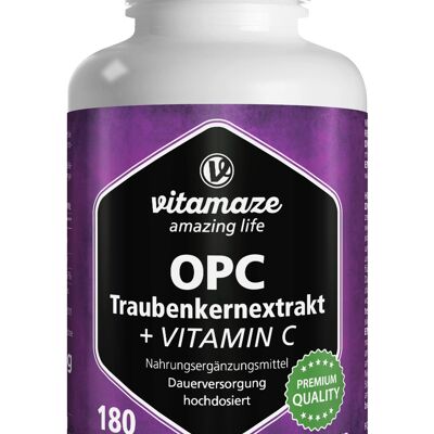 OPC Traubenkernextrakt hochdosiert + Vitamin C, 180 Kapseln