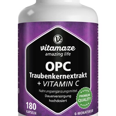 OPC Traubenkernextrakt hochdosiert + Vitamin C, 180 Kapseln