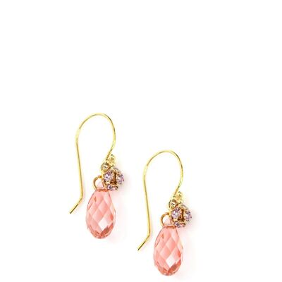 Goldene Ohrringe mit rosafarbenen Pfirsich-Swarovski-Kristalltropfen