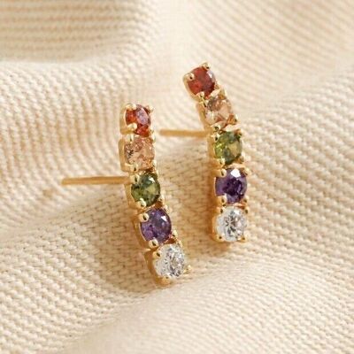 Rainbow Crystal Curved Bar Stud Earrings in Gold