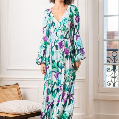 Long dress with bohemian print buttoned front, invisible pockets