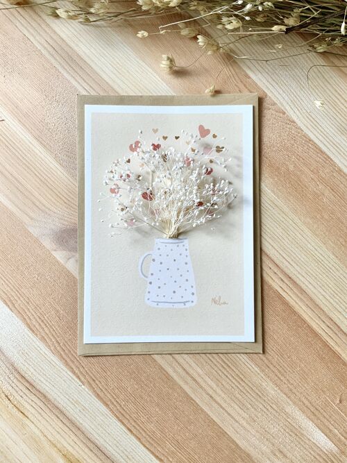 Carte fleurs séchées illustrée « Le pot-au-lait », fleurs blanches, carte fleurie de la collection " nature morte"