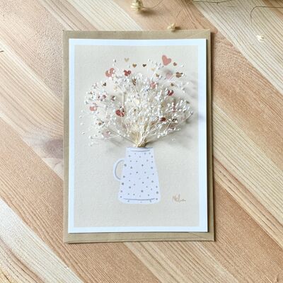 Tarjeta ilustrada de flores secas "Le pot-au-lait", flores blancas, tarjeta floral de la colección "bodegones"