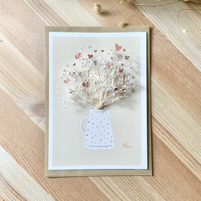 Illustrated dried flower card "Le pot-au-lait", white flowers, floral card from the "still life" collection