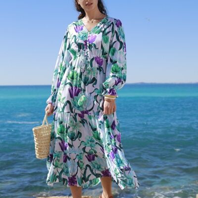 Long printed dress buttoned in front, V-neck with lantern sleeves