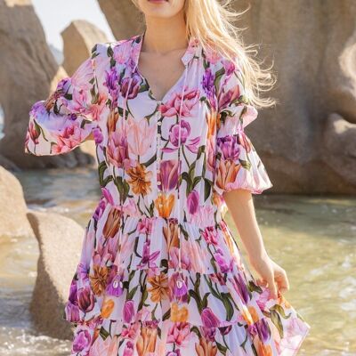 Printed mid-length floral dress, puff sleeves with elastic at the waist