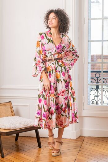 Robe longue à imprimé bohème boutonnée devant et col V avec manches évases 5