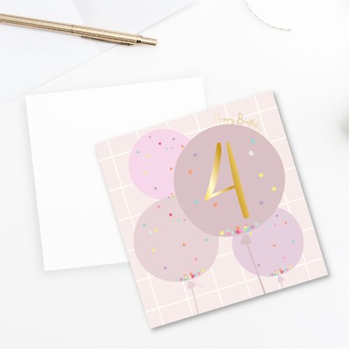 4th Birthday Balloon Card - Gold Foiled