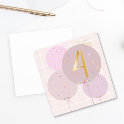 4th Birthday Balloon Card - Gold Foiled