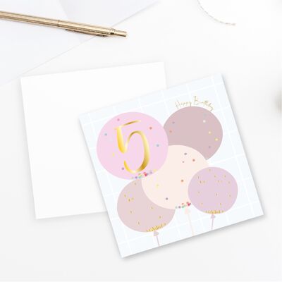 5th Birthday Balloon Card - Gold Foiled