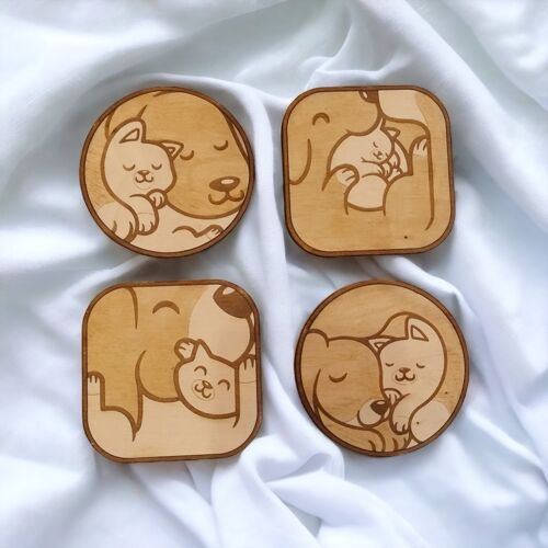 Set of 4 Dog and Cat Wood Coasters - Housewarming Gift