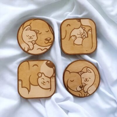 Ensemble de 4 sous-verres en bois chien et chat - cadeau de pendaison de crémaillère