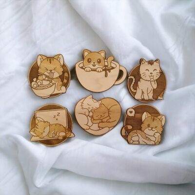 Set of 6 Cats Wood Coasters - Cup Holders