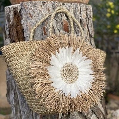 BASKET LINED WITH RAFFIA AND FEATHERS