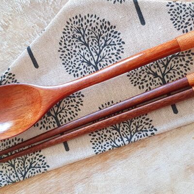 Natural Wood Japanese Chopsticks and Spoon Set-Brown Cotton Thread