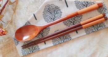 Natural Wood Japanese Chopsticks and Spoon Set-Brown Cotton Thread 1