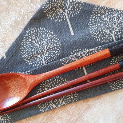 Natural Wooden Chopsticks Spoon Set - Black Cotton Thread