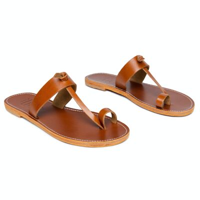 Flache Damensandalen aus Leder ohne Befestigung, Pantoletten, Kamelfarbe, Xenia