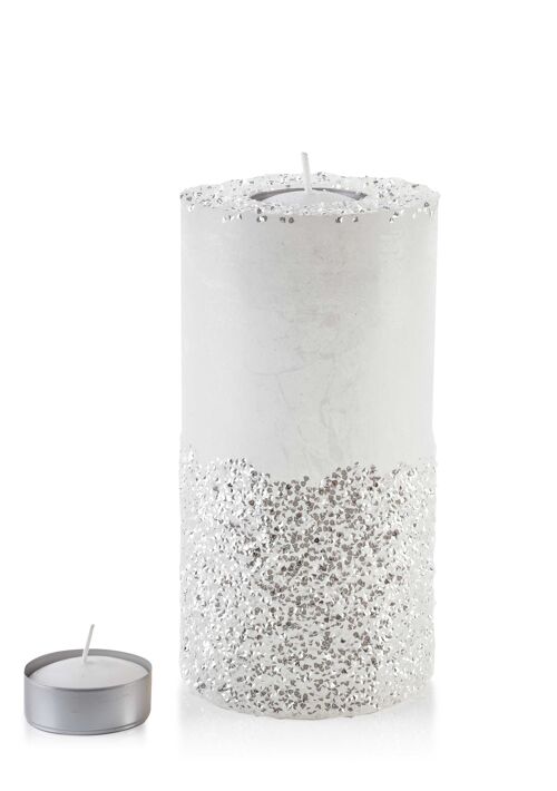 CANDLE LANTERN CYLINDER 120X240 WHITE DIAMONDS SILVER CRYSTALS