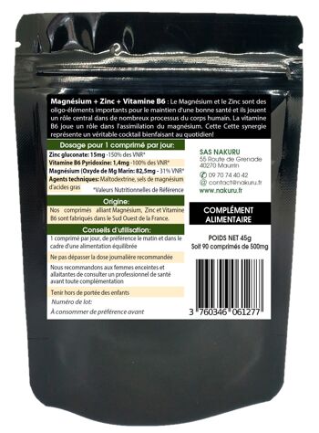 Magnésium + Zinc+ Vitamine B6 / 90 Comprimés de 500mg / NAKURU Équilibre / Fabriqué en France / "Le Cocktail Anti-Stress !" 2