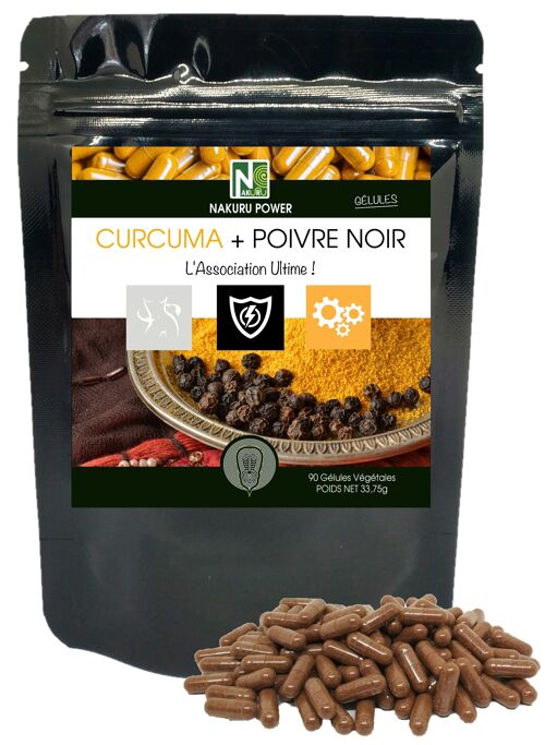 Curcuma + Poivre Noir/ 90 Gélules Végétales de 375mg / NAKURU Power/Fabriqué en France /"L'Association Ultime !"