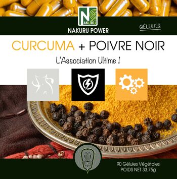 Curcuma + Poivre Noir/ 90 Gélules Végétales de 375mg / NAKURU Power/Fabriqué en France /"L'Association Ultime !" 3