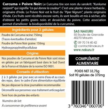 Curcuma + Poivre Noir/ 90 Gélules Végétales de 375mg / NAKURU Power/Fabriqué en France /"L'Association Ultime !" 4