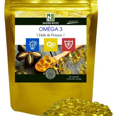 Omega 3 / 90 Cápsulas de 705 mg / NAKURU Boost / Hecho en Francia / ¡Aceite de Pescado!