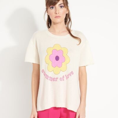 AVA 9 T-shirt in off-gauge cashmere, round neck, short sleeves with "SUMMER OF LOVE" print, off-white