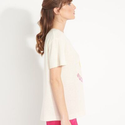 Camiseta AVA 9 de cashmere ondulado, cuello redondo, manga corta con estampado "SUMMER OF LOVE", blanco roto
