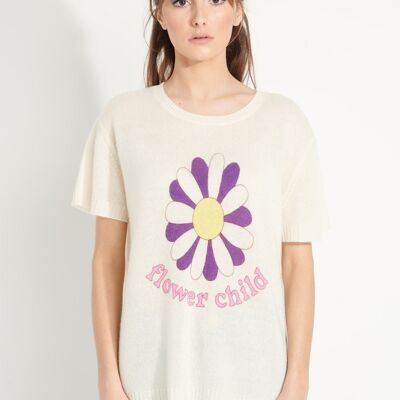 AVA 8 T shirt en cachemire déjaugé col rond manches courtes avec imprimé "FLOWER CHILD" blanc écru