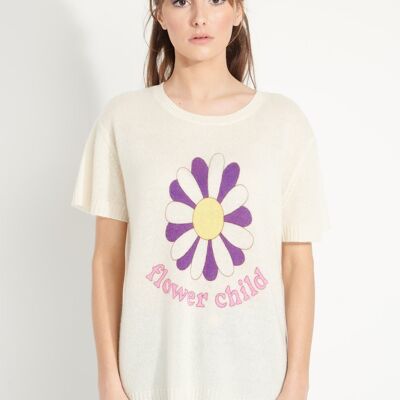 Camiseta AVA 8 de cashmere ondulado cuello redondo manga corta con estampado "FLOWER CHILD" blanco roto