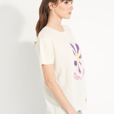 AVA 8 T shirt en cachemire déjaugé col rond manches courtes avec imprimé "FLOWER CHILD" blanc écru