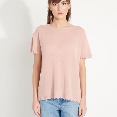 AVA 6 T shirt in off-gauge cashmere round neck short sleeves with powder pink chiseled finishes