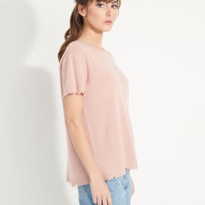 AVA 6 T shirt en cachemire déjaugé col rond manches courtes avec finitions ciselées rose poudré