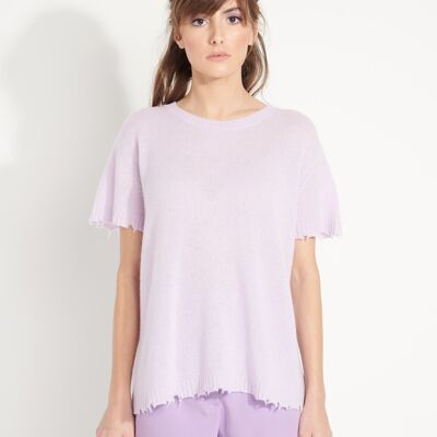 AVA 6 T shirt in loose cashmere round neck short sleeves with chiseled finishes lilac