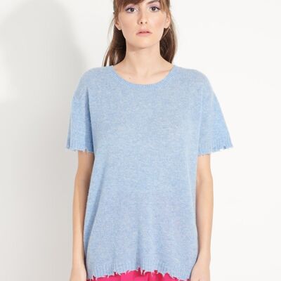 AVA 6 T shirt in off-gauge cashmere round neck short sleeves with sky blue chiseled finishes