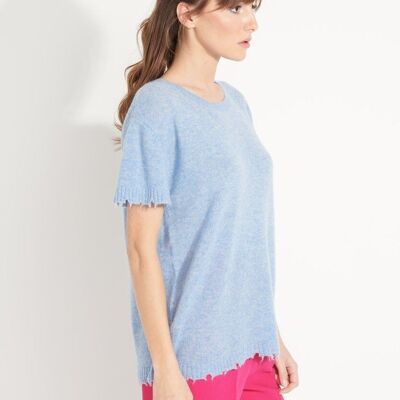 Camiseta AVA 6 de cashmere ondulado cuello redondo manga corta con acabados cincelados azul cielo