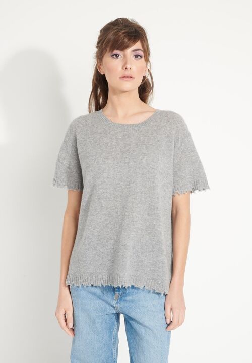 AVA 6 T shirt en cachemire déjaugé col rond manches courtes avec finitions ciselées gris clair