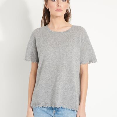 AVA 6 T shirt en cachemire déjaugé col rond manches courtes avec finitions ciselées gris clair